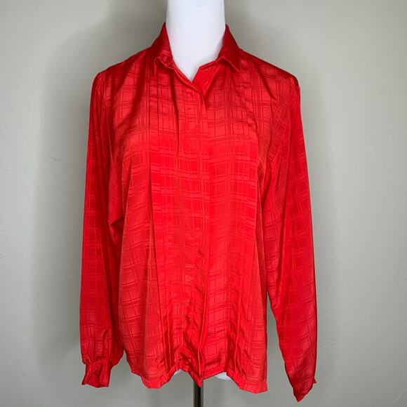 Red Vtg Checkered Texture Blouse Sz 10 - Picture 1 of 9